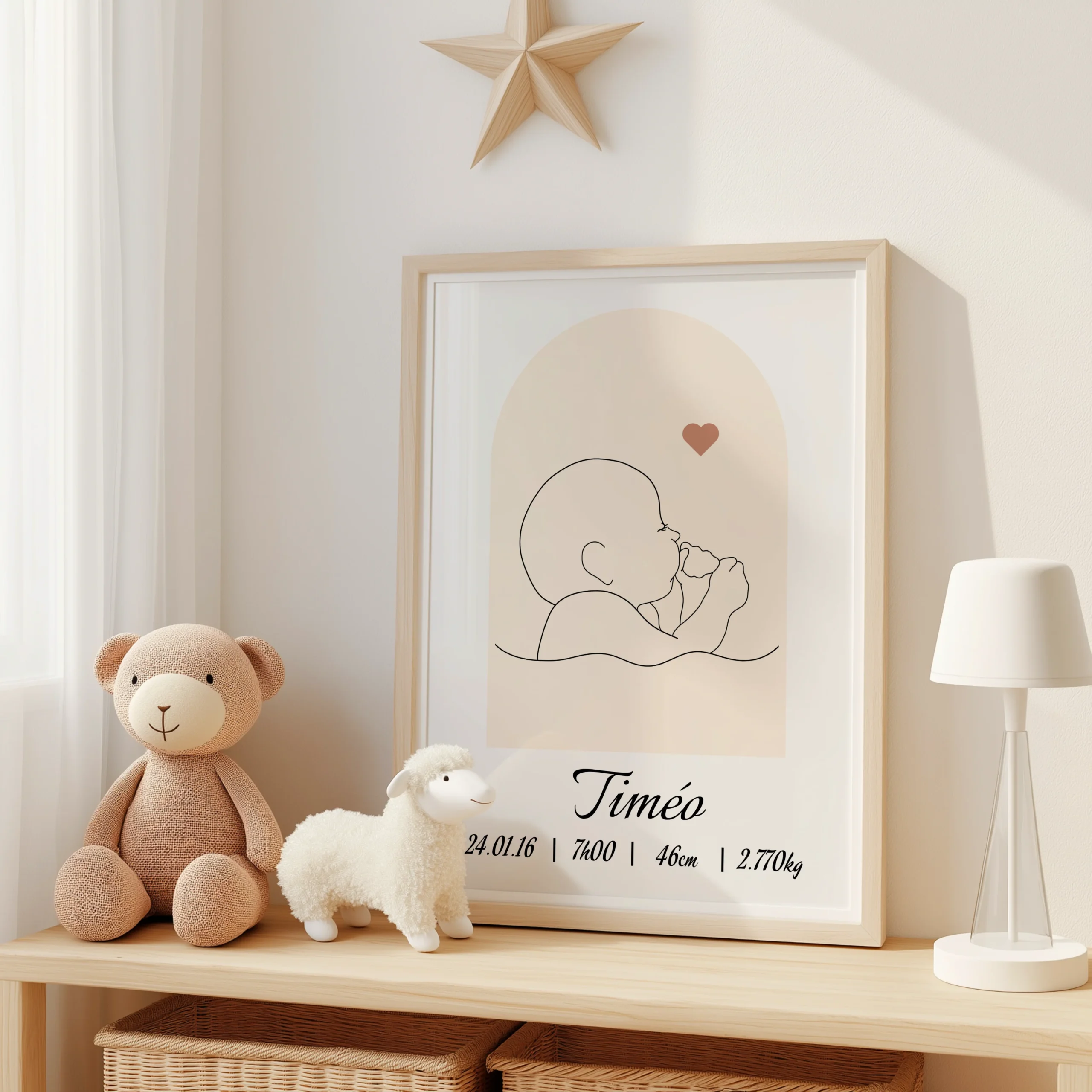 Affiche Naissance Minimaliste – Illustration Bébé qui suce son pouce (Line Art)