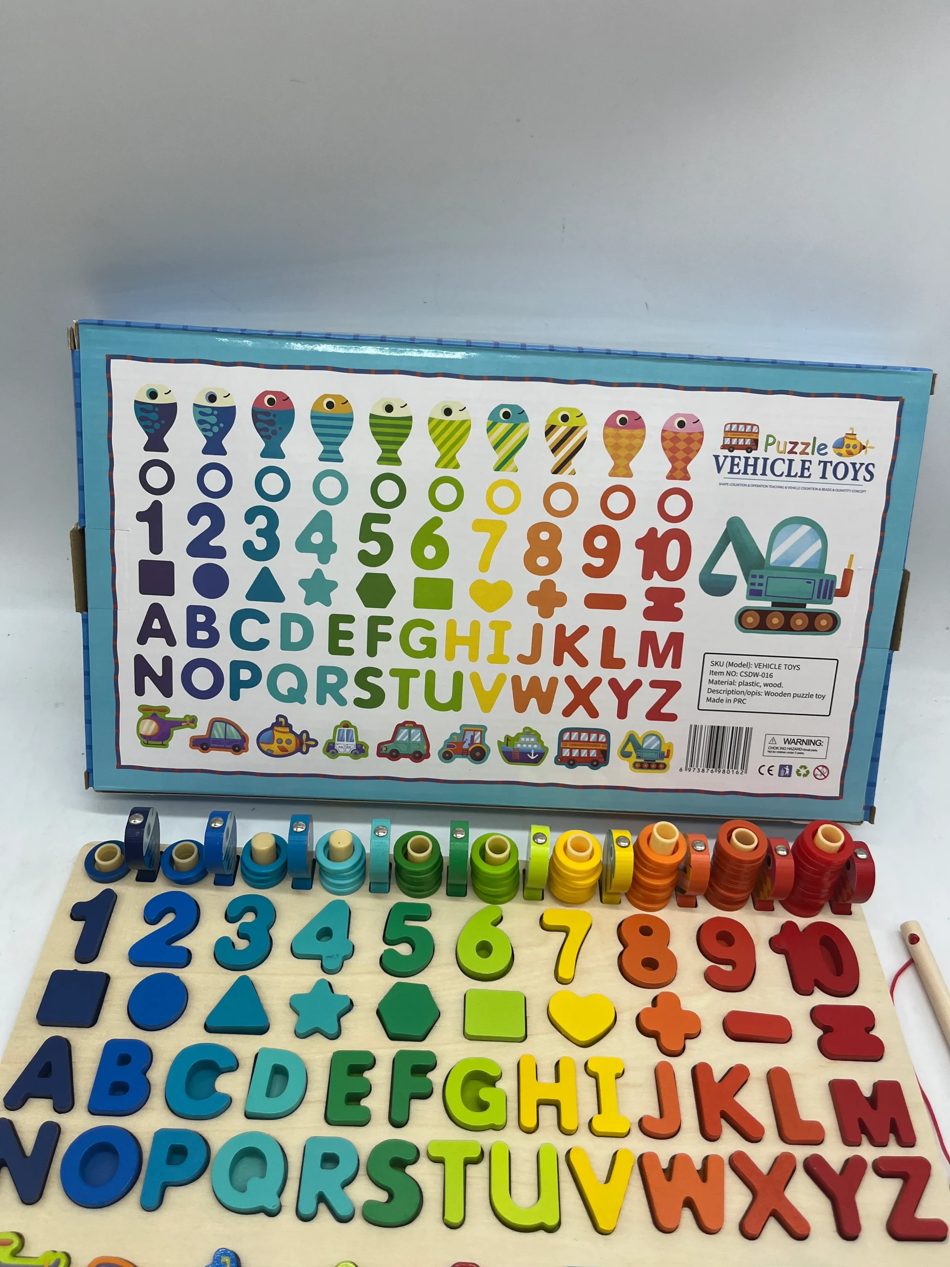 Jouet jeu activités apprentissage Puzzle en bois Type Montessori J’apprends à compter les chiffres les formes les lettres l’alphabet Les véhicules Pêche aux poissons Neuf – Image 7