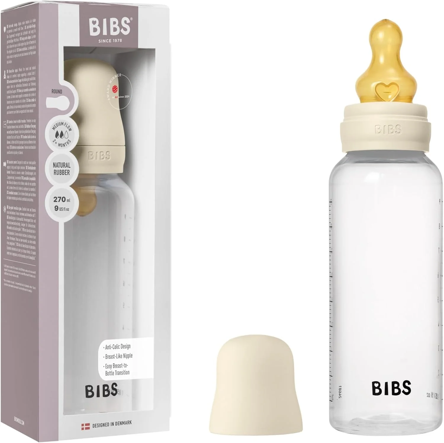 BIBS Biberon Bébé Rond Latex 1 pack 270 ml Débit Moyen - Ivory – Image 2